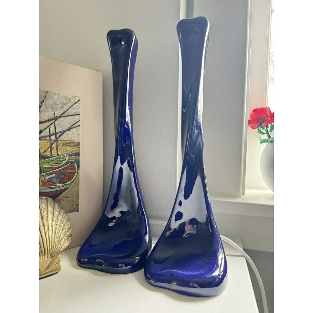 Tiffany & Co. Elsa Peretti Glazed Blue Purple Ceramic 14.5” Bone Candlesticks